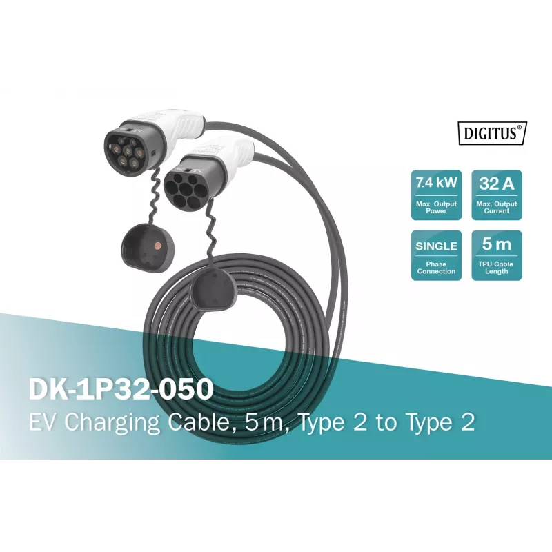 Kabel do ładowania EV Digitus 5 m typ 2 na typ 2 32 A 240 V