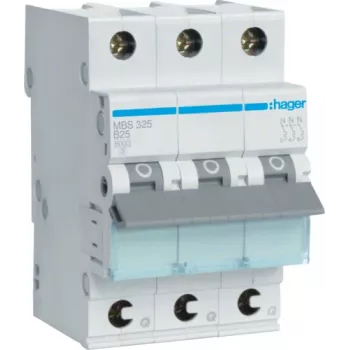 Hager MBS325. Prąd znamionowy: 25 A, Częstotliwość wejściowa AC: 50/60 Hz. Typ: B, Maksymalna liczba modułów: 3 moduły. Szerokość: 52,5 mm, Głębokość: 70 mm, Wysokość: 83,4 mm (MBS325)