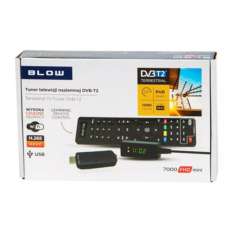 Tuner DVB-T2 BLOW 7000FHD MINI H.265 — kompaktowy naziemny odbiornik telewizyjny, HDMI, USB, S/PDIF, audio L/R, telegazeta