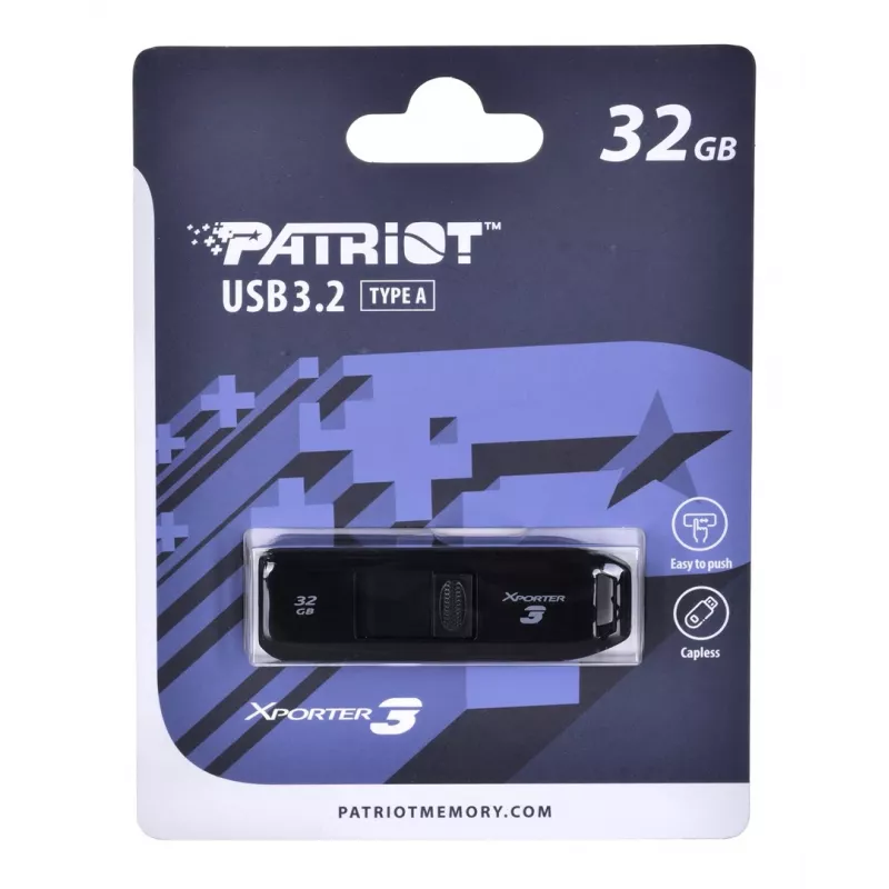 Pamięć USB PATRIOT Xporter 32 GB USB Typ-A 3.2 Gen 1, odczyt 80 MB/s, wysuwana konstrukcja, czarna