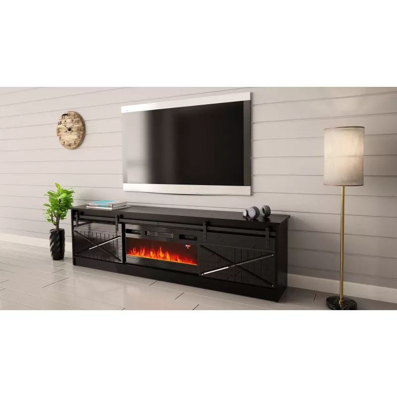 Stojak pod telewizor z kominkiem Cama Meble GRANERO — 200 x 56,7 x 35 cm, czarny/czarny połysk, 2 drzwi, 2 półki, drzwi przesuwne, MDF/płyta wiórowa