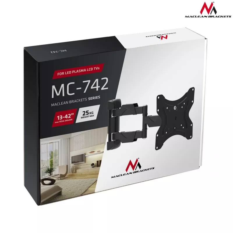 Uchwyt ścienny do telewizora MACLEAN MC-742 dla 42 cali (106,7 cm), uchylny -12°/+12°, VESA 75x75–200x200, maks. obciążenie 30 kg, czarny