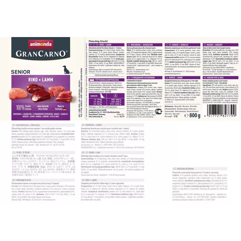 Mokra karma dla psa animonda GranCarno Senior Wołowina i Jagnięcina puszka 800 g, białko 10,5%, tłuszcz 8,5%
