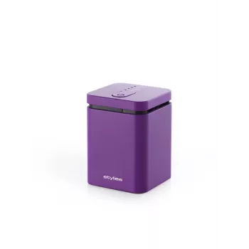 Parujący dyfuzor zapachowy Stylies ELARAPURPLE do pomieszczeń do 25 m² — fioletowy, prostokątny, zasilanie AC/bateryjne/USB, wkład zapachowy, minutnik 2 h, 74×74×100 mm, 1,3 W