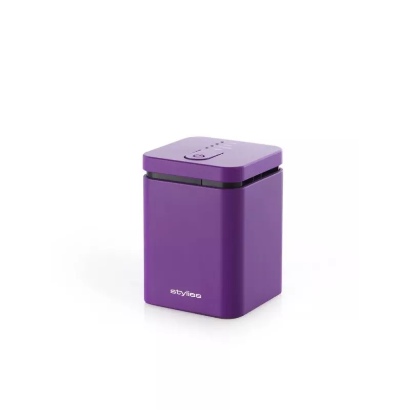 Parujący dyfuzor zapachowy Stylies ELARAPURPLE do pomieszczeń do 25 m² — fioletowy, prostokątny, zasilanie AC/bateryjne/USB, wkład zapachowy, minutnik 2 h, 74×74×100 mm, 1,3 W