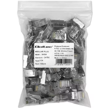Modularne złącze RJ45 QOLTEC 54554 CAT5e FTP, 100 szt., srebrny, tworzywo sztuczne, 11×22×18 mm