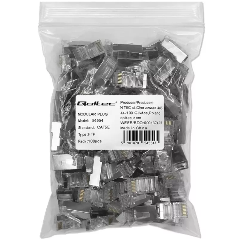 Modularne złącze RJ45 QOLTEC 54554 CAT5e FTP, 100 szt., srebrny, tworzywo sztuczne, 11×22×18 mm