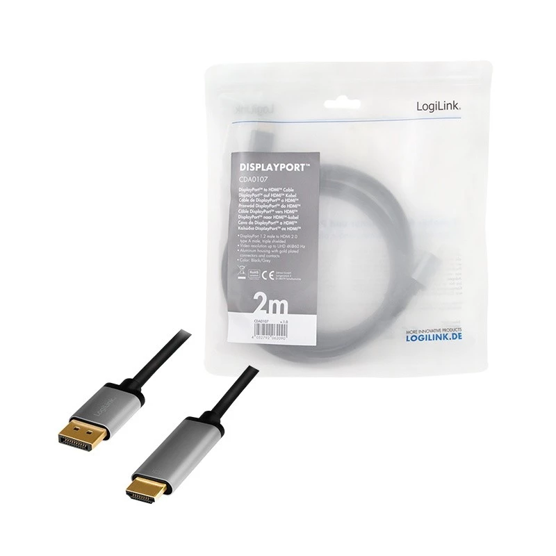 LogiLink CDA0107 adapter kabla wideo 2 m DisplayPort HDMI Szary Czarny