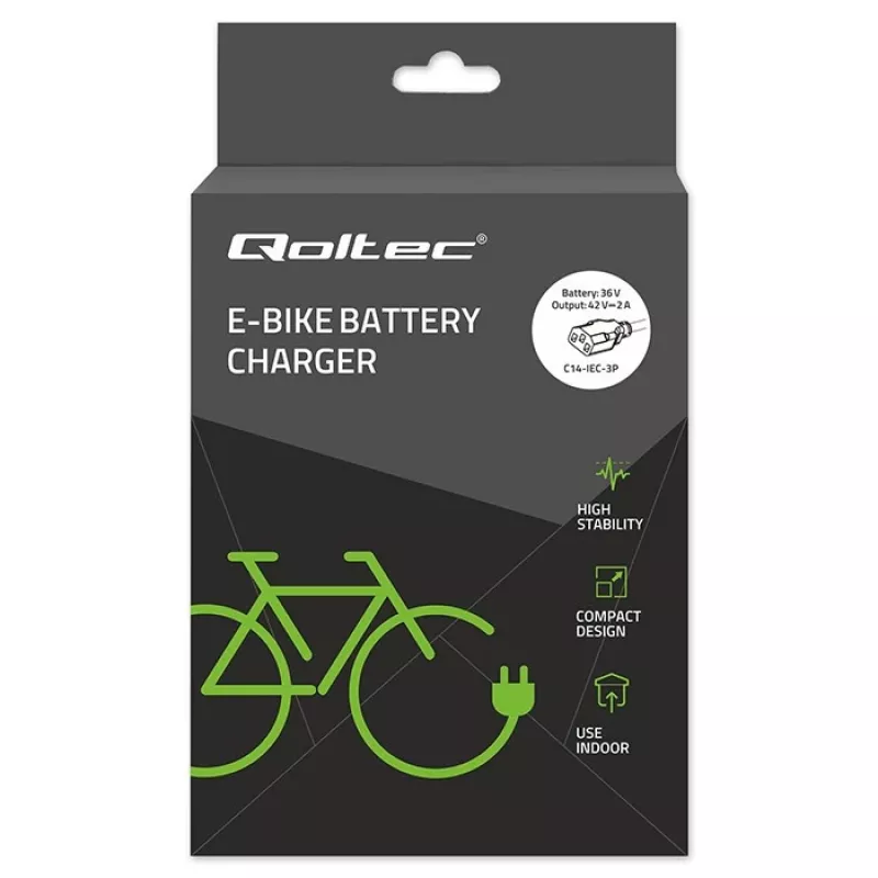 Ładowarka QOLTEC 36V–42V 2A z wtykiem C14 IEC 3-pin do akumulatorów e-bike