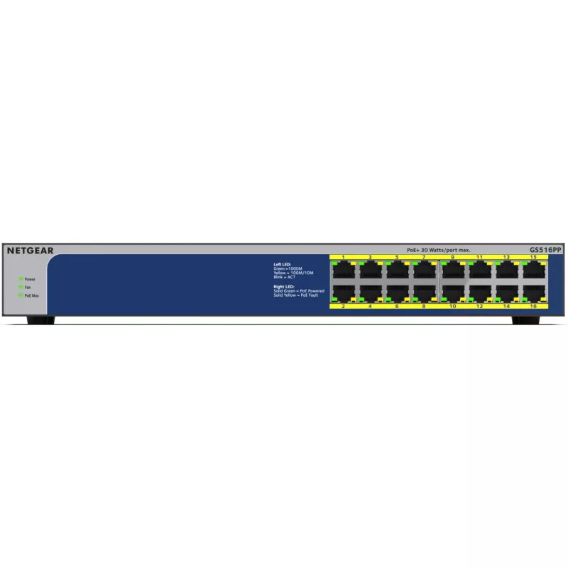 NETGEAR GS516PP Niezarządzalny Gigabit Ethernet (10/100/1000) Power over Ethernet (PoE) Niebieski, Szary