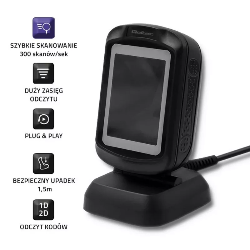 Stały czytnik kodów 1D/2D QOLTEC 50864, czujnik LED, USB przewodowy, czarny, 145×85×80 mm