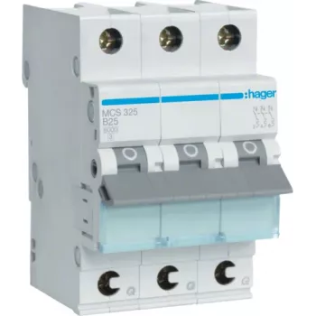 Hager MCS325. Prąd znamionowy: 25 A, Częstotliwość wejściowa AC: 50/60 Hz. Typ: C, Maksymalna liczba modułów: 3 moduły. Szerokość: 52,5 mm, Głębokość: 70 mm, Wysokość: 83,4 mm (MCS325)