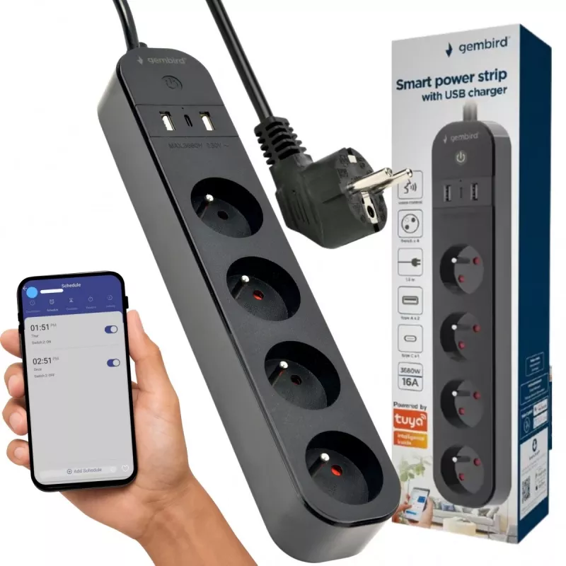 Listwa zasilająca GEMBIRD TSL-PS-F4U-02 z 4 gniazdami PL i ładowarką USB, czarna