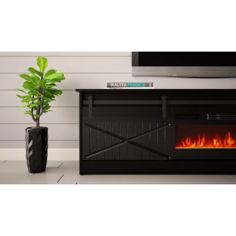 Stojak pod telewizor z kominkiem Cama Meble GRANERO — 200 x 56,7 x 35 cm, czarny/czarny połysk, 2 drzwi, 2 półki, drzwi przesuwne, MDF/płyta wiórowa
