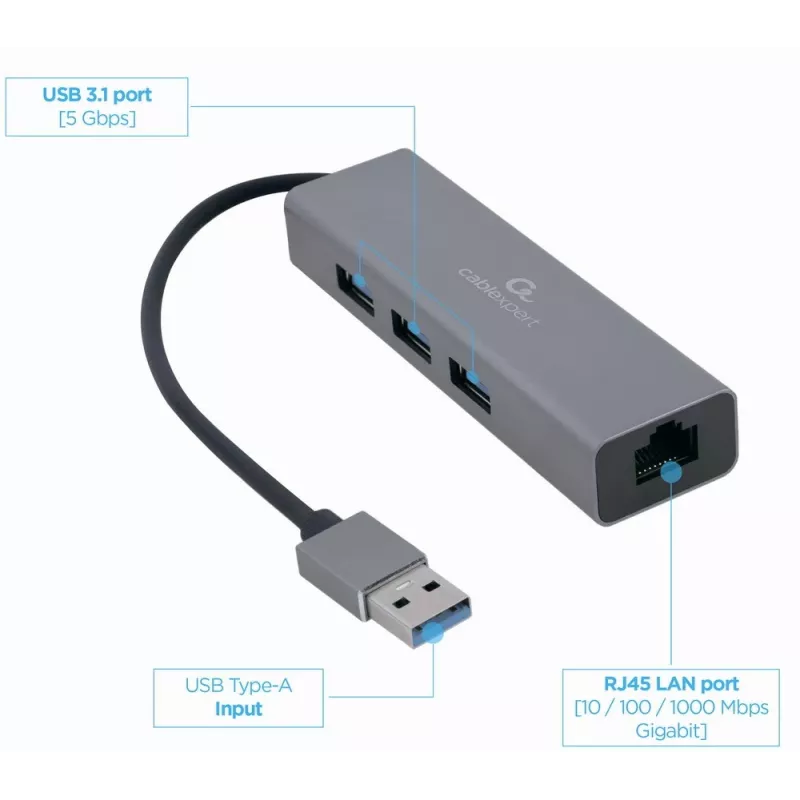 Gembird A-AMU3-LAN-01 adapter USB-A na Gigabit LAN z 3-portowym hubem USB 3.0, czarny