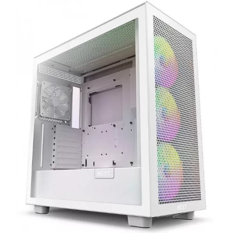 Obudowa PC NZXT H7 Flow RGB Midi Tower Biała — Szkło hartowane, EATX, Przód 3×120mm, USB-C