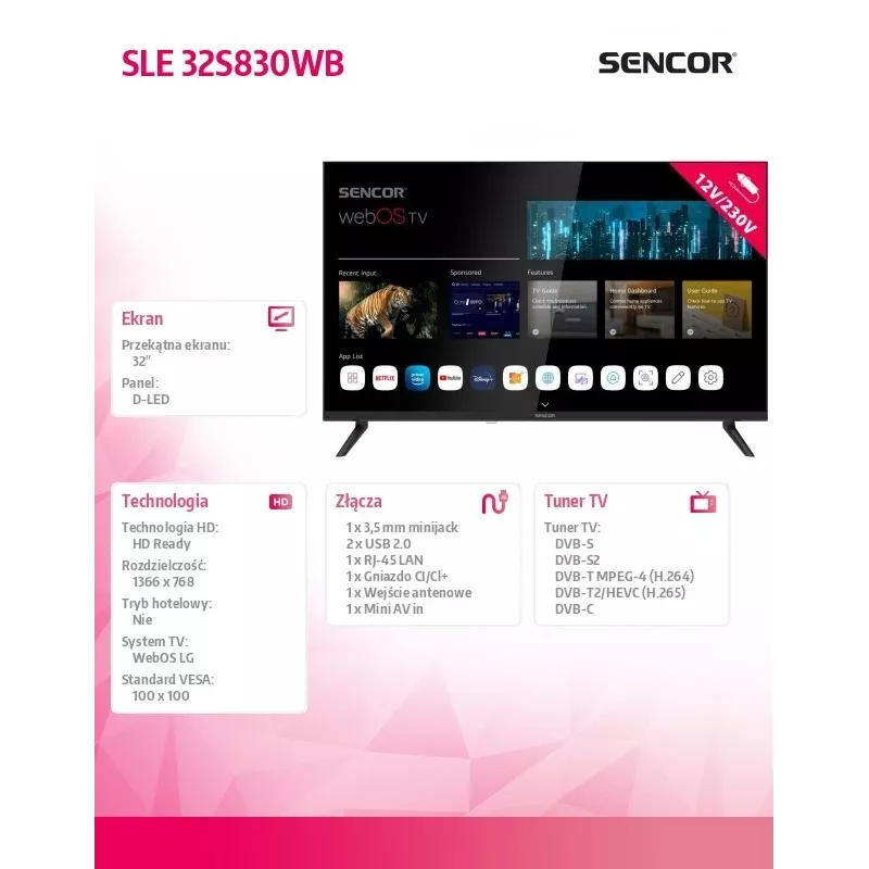 Telewizor SENCOR SLE 32S830WB 32 cale LED Smart webOS 12V BT5.0