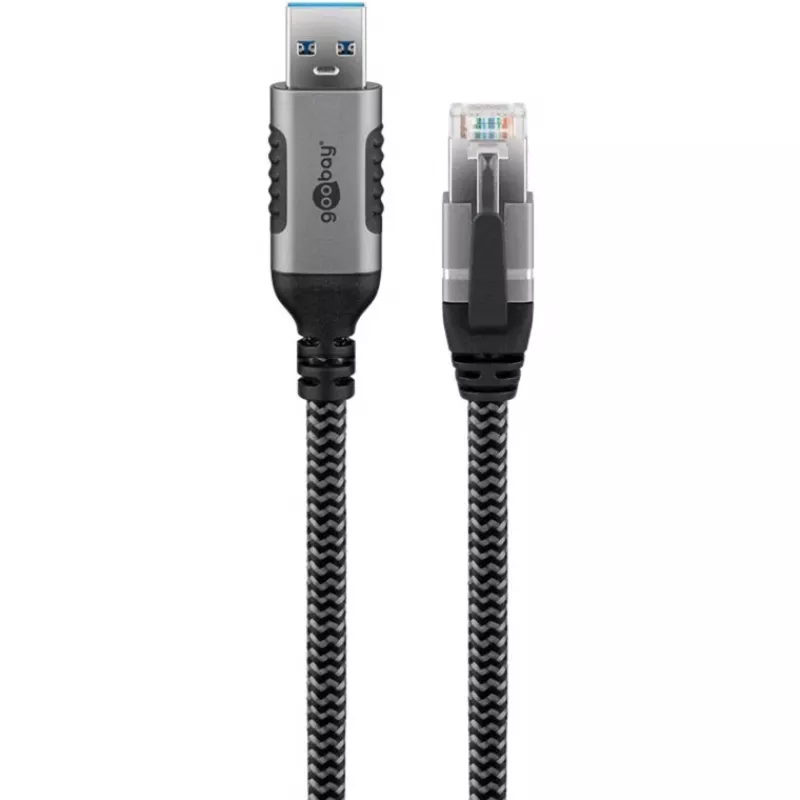 Kabel Ethernet USB-A 3.2 Gen1 > RJ-45, adapter LAN czarny/srebrny, 5 metrów, oplot tekstylny
