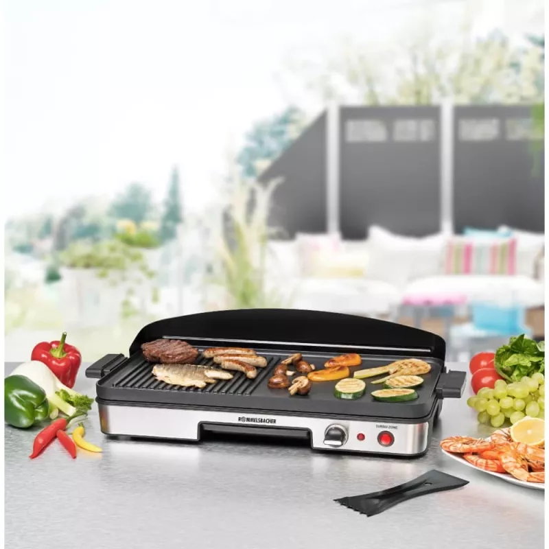 Elektryczny grill stołowy Rommelsbacher BBQ 2003 — 1900 W, 50×25 cm, ryflowana + Teppanyaki, regulowany termostat, srebrny/czarny