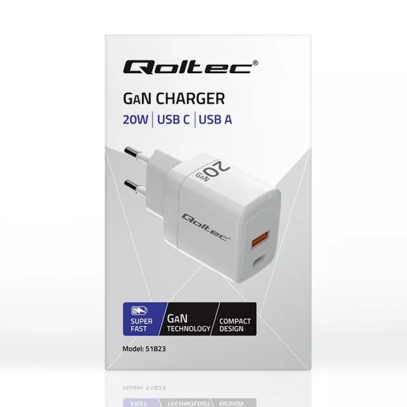 Ładowarka GaN QOLTEC 51823 20W zasilacz USB, wyjście 5V/20V