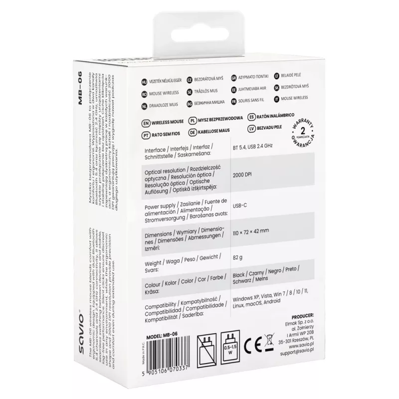 Mysz Savio MB-06 uniwersalna symetryczna Bluetooth 3800 DPI