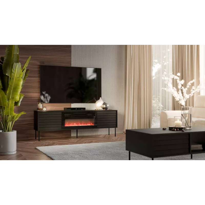 Szafka RTV Cama Meble CORTINA 180x40x60 cm czarna z czarnym kominkiem