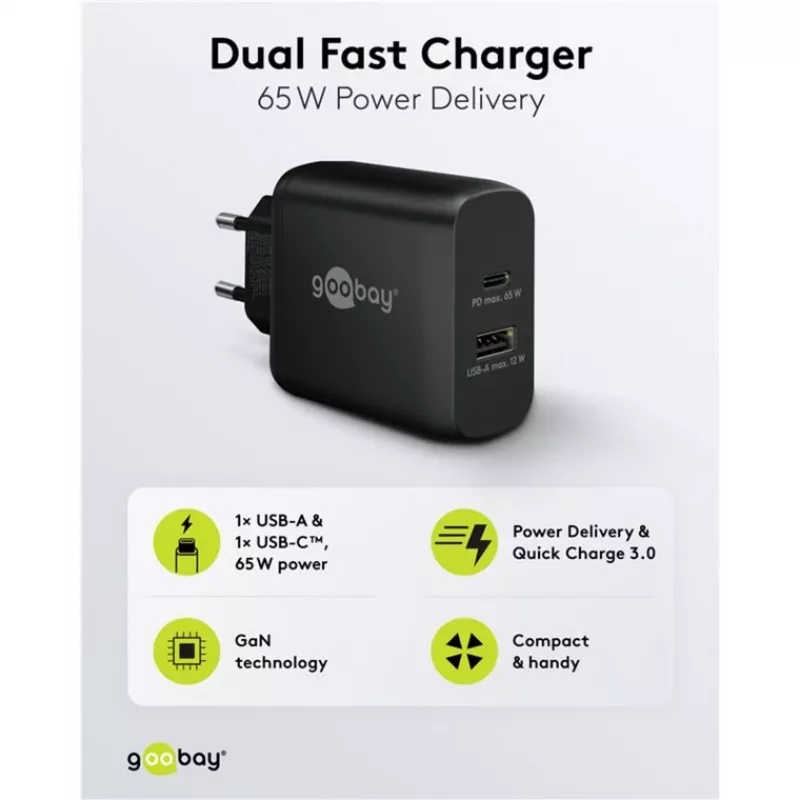 USB-C Dual-Fast Charger, PD, GaN, 65 W (czarny, 1x USB-C, 1x USB-A, Power Delivery)