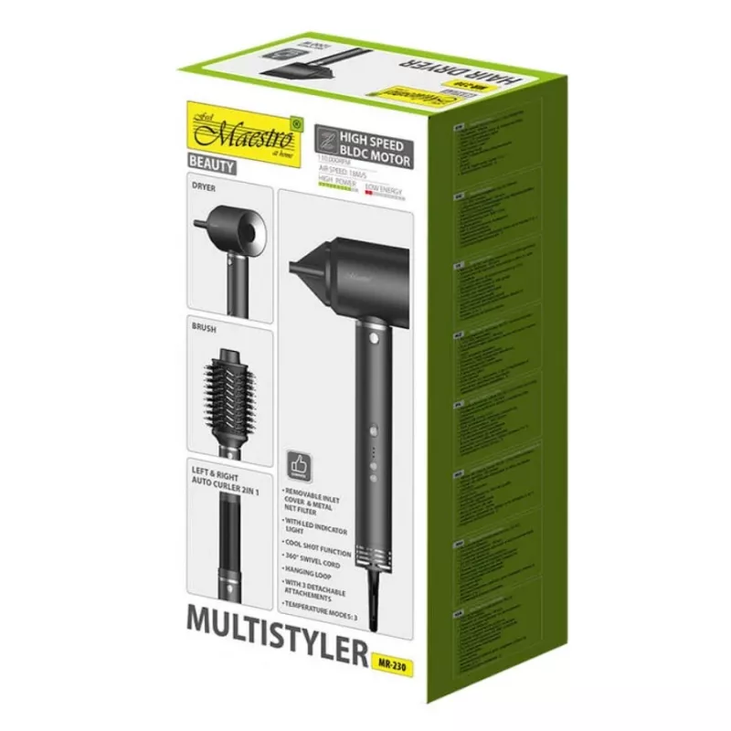 Zestaw do pielęgnacji włosów Multistyler 3w1 Maestro MR-230 — suszarka do włosów, szczotka-suszarka i automatyczna lokówka, 1200 W, silnik BLDC, lok 3,5 cm, 2 poziomy temperatury, czarny