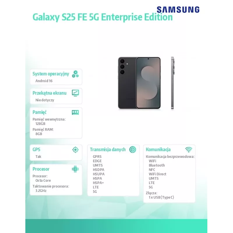 Smartfon Samsung Galaxy S25 FE S731 6,7 cala Dynamic AMOLED 2X, 8GB RAM, 128GB, 5G, potrójny aparat 50 MP, 4900 mAh, IP68, Jet Black