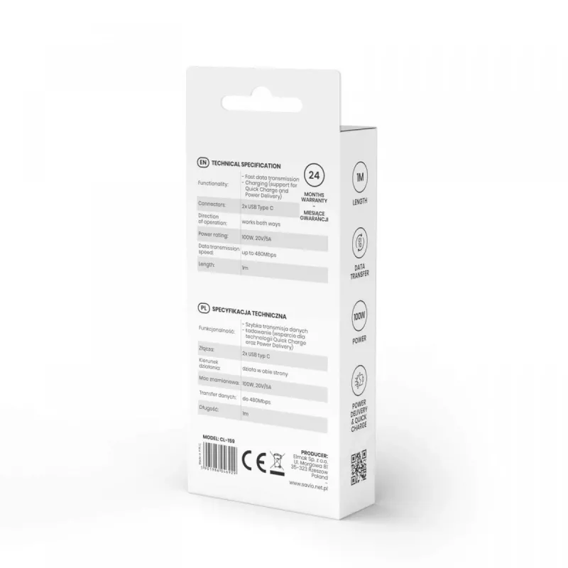 Kabel USB C na USB C SAVIO CL-159 1 m, USB 2.0 (480 Mbit/s), czarny, 2.1 A