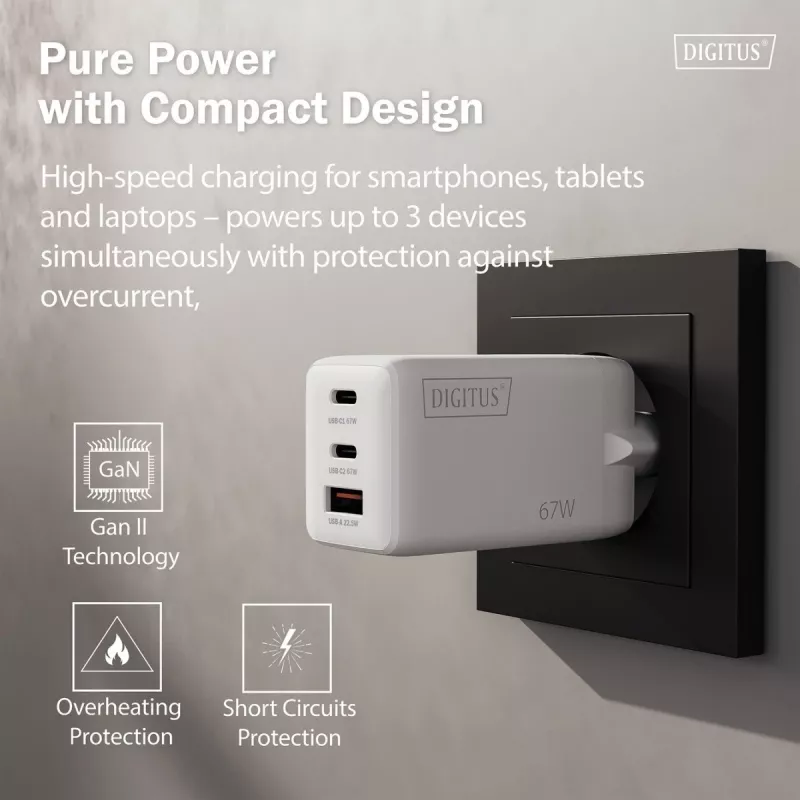 Ładowarka ścienna DIGITUS DA-10303 67W GaN, 2× USB-C + 1× USB-A, 100–240V, biała