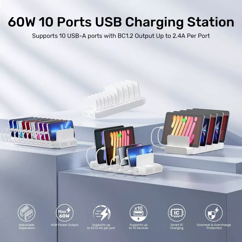 Stacja ładująca Unitek 10X USB 2.4A 60W Biała