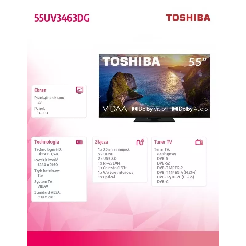 TV Toshiba 50UV3463DG 55 cali 4K Ultra HD DLED 3840 x 2160