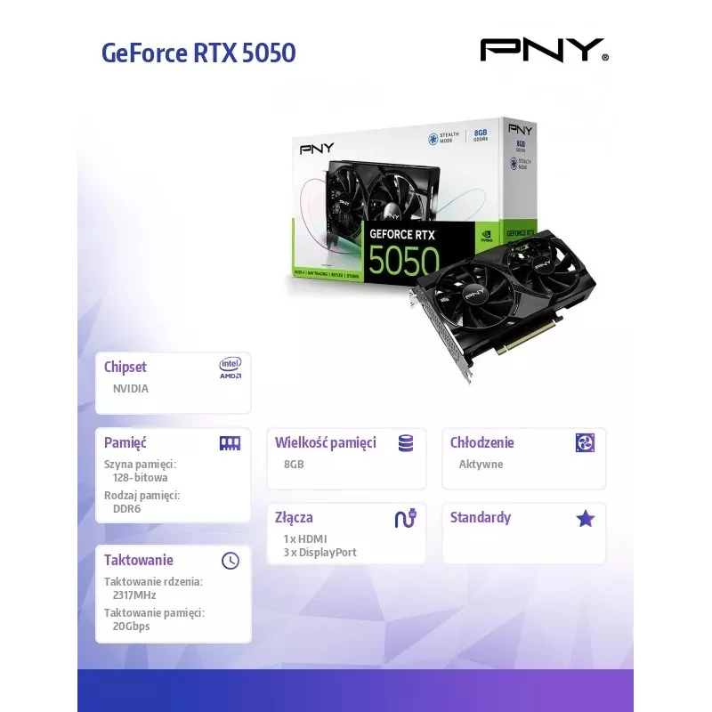 Karta graficzna PNY GeForce RTX 5050 — 8 GB GDDR6, 2317 MHz, 128-bitowa, PCIe x8 5.0, chłodzenie dwuwentylatorowe
