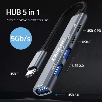 Qoltec 53790 Hub Adapter USB-C 3.1 5in1 | USB-C PD | USB-C | 2x USB 2.0 | USB 3.0