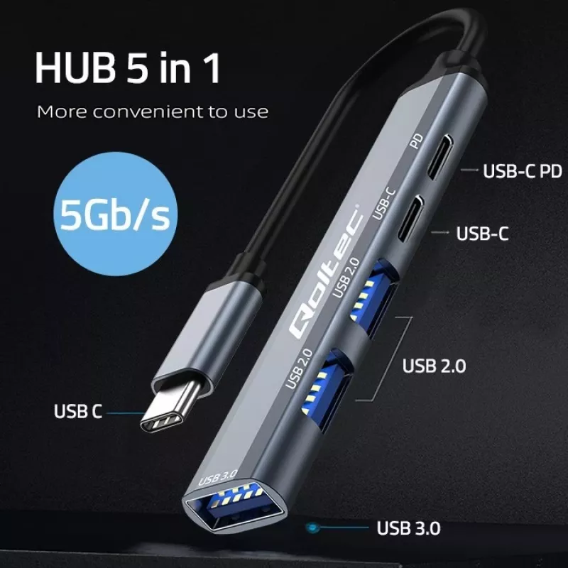 Qoltec 53790 Hub Adapter USB-C 3.1 5in1 | USB-C PD | USB-C | 2x USB 2.0 | USB 3.0