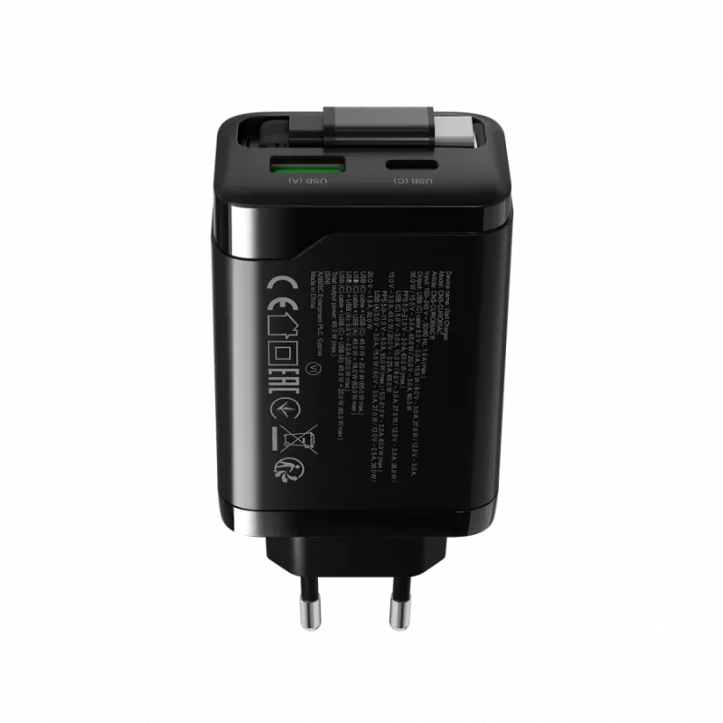 Ładowarka CANYON OnCharge 65RC z wbudowanym kablem USB-C, 65 W, 1x PD, 1x QC, wtyczka EU, czarna