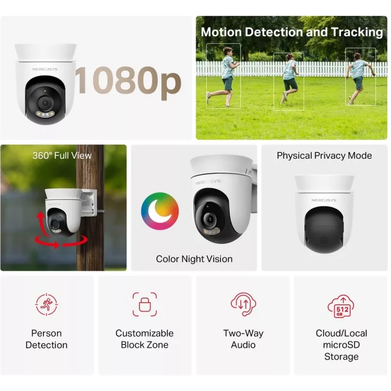 Kamera IP MERCUSYS MC500 1080p WDR Wi‑Fi zewnętrzna typu Bulb IP65 PoE/DC audio 2‑stronne obrót 340° zoom optyczny 9x