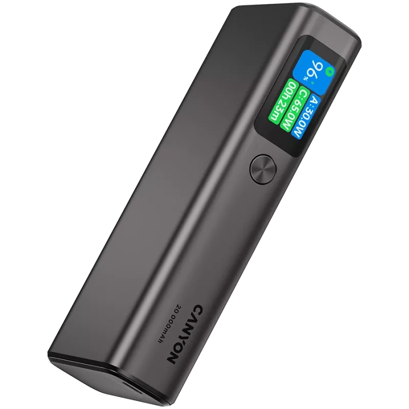 Canyon OnPower 230 TFT powerbank, 20000 mAh, PD 130 W, 2x USB-C + USB-A, metalowa obudowa, ciemnoszary