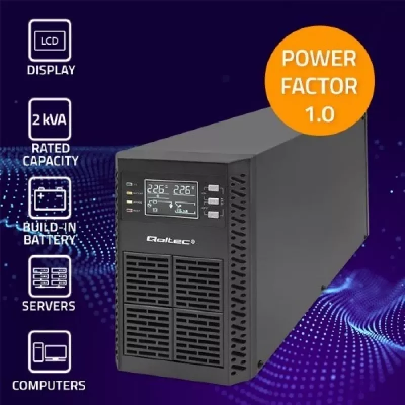 Qoltec 52281 zasilacz awaryjny (UPS) Online 2 kVA 2000 W 3 gniazda wyjściowe