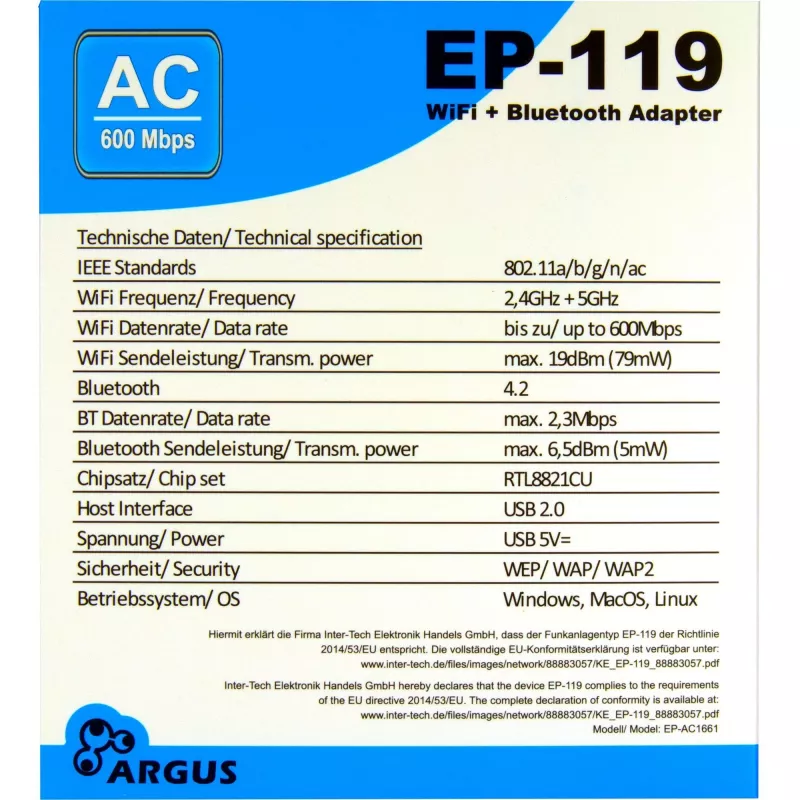 USB Wi‑Fi / adapter Bluetooth INTER-TECH EP-119, Wi‑Fi 5 (802.11ac), dwupasmowy 600 Mbit/s