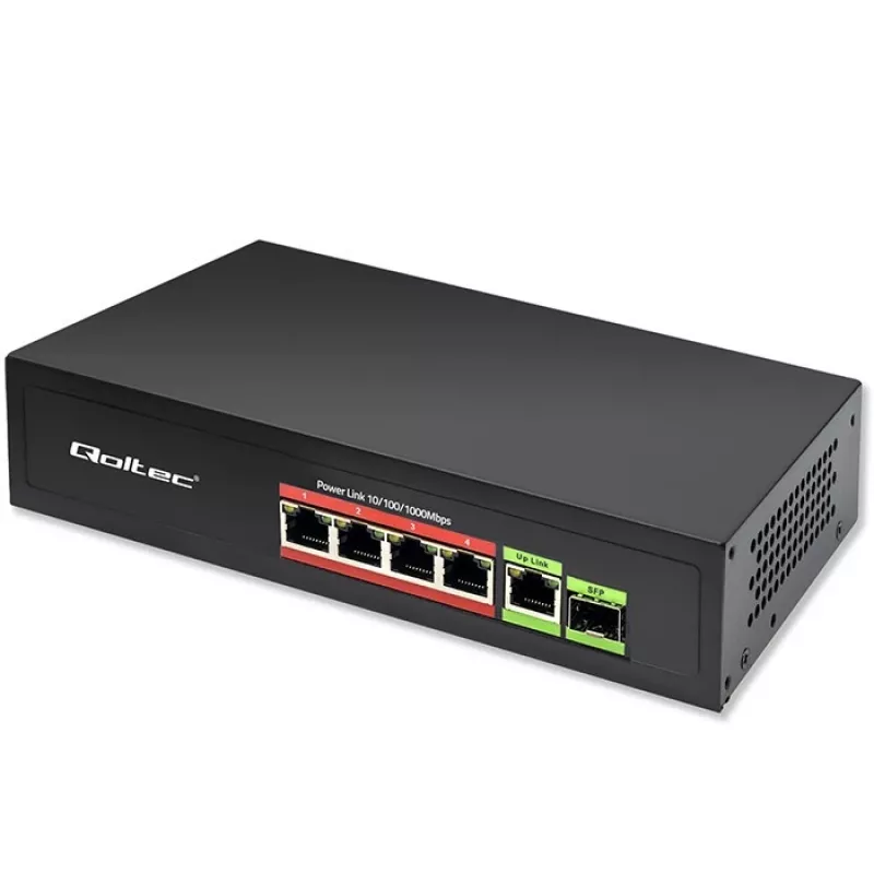 Przełącznik Ethernet PoE QOLTEC 52296 — 4 porty RJ45 PoE, 1 port uplink RJ45