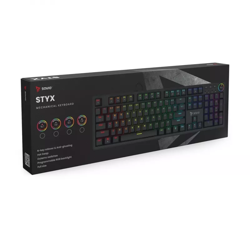 Klawiatura mechaniczna dla graczy SAVIO STYX Outemu niebieski Hot-Swap RGB USB QWERTY US International Czarna 104-klawiszowa pełnowymiarowa