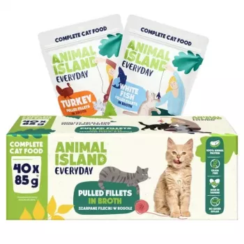 Mokra karma dla kota animal island Everyday z filetami z indyka i białej ryby w bulionie, 40 x 85 g, dla dorosłych kotów, bezzbożowa, saszetki