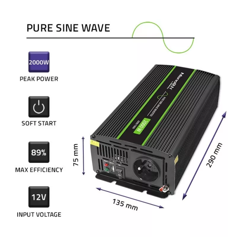 Przetwornica samochodowa Qoltec Monolith 2000 W Czarna 12 V