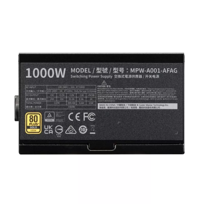 Cooler Master MPW-A001-AFAG-BEU Gold 80+ 1000W Zasilacz, INTEL ATX 3.1, 135mm, wentylator FDB z łożyskiem hydrodynamicznym