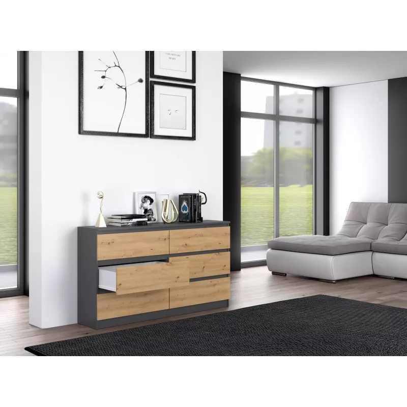 Komoda Top e Shop M6 140 ANT/ART, 6 szuflad, Antracyt Dąb, 1380×750×400 mm