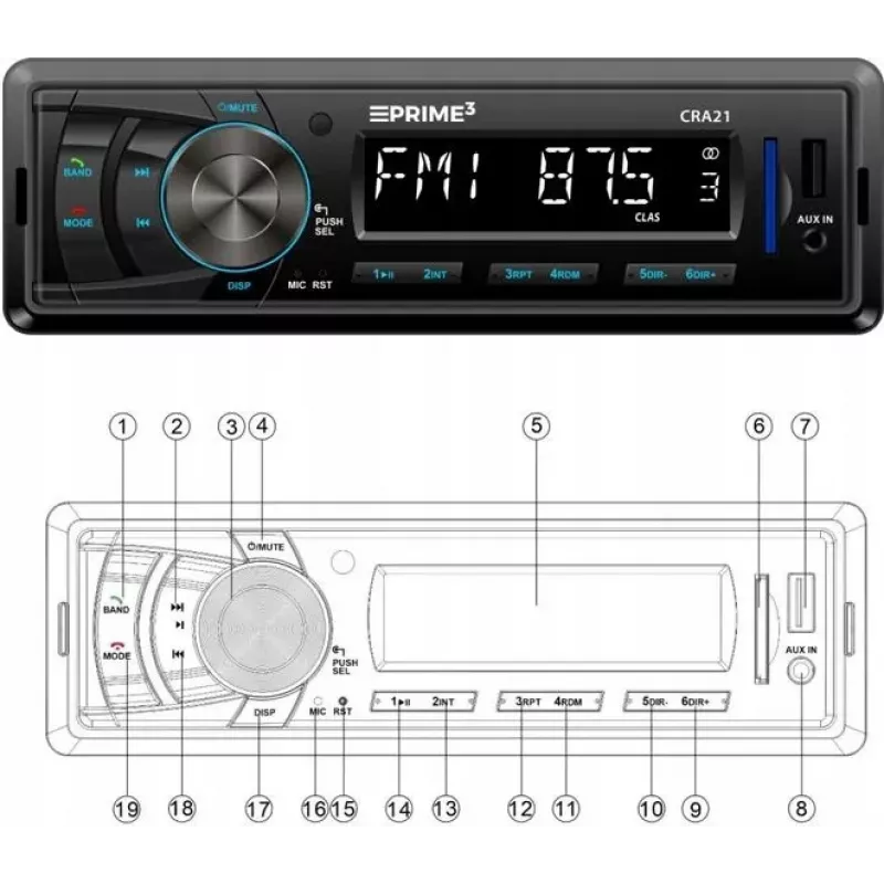 Car FM Radio Receiver PRIME3 CRA21 BT Bluetooth z tunerem FM i łącznością Bluetooth