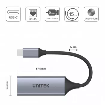 Karta sieciowa Unitek U1312A, IEEE 802.3, szary, kabel 0,5 m