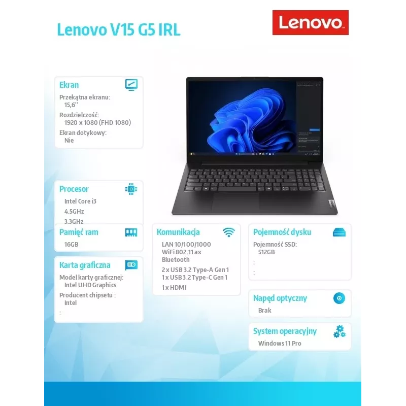 Laptop Lenovo V15 G5 IRL – Intel Core i3-1315U, 16 GB RAM, 512 GB SSD, Windows 11 Pro